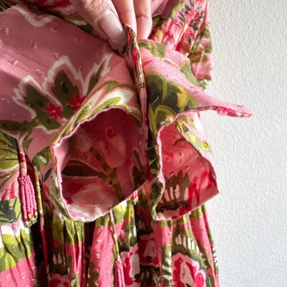 Farm Rio New Aura Floral Pink Tiered Mini Peasant Dress Medium Long Sleeve - Picture 13 of 15